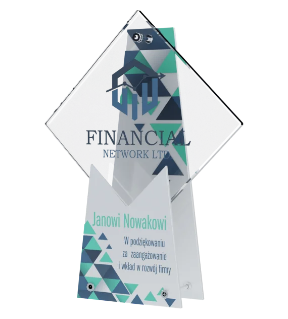 Statuetka Financial Network stworzona ze szkła, wyciętego metalu oraz nadruku kolorowego