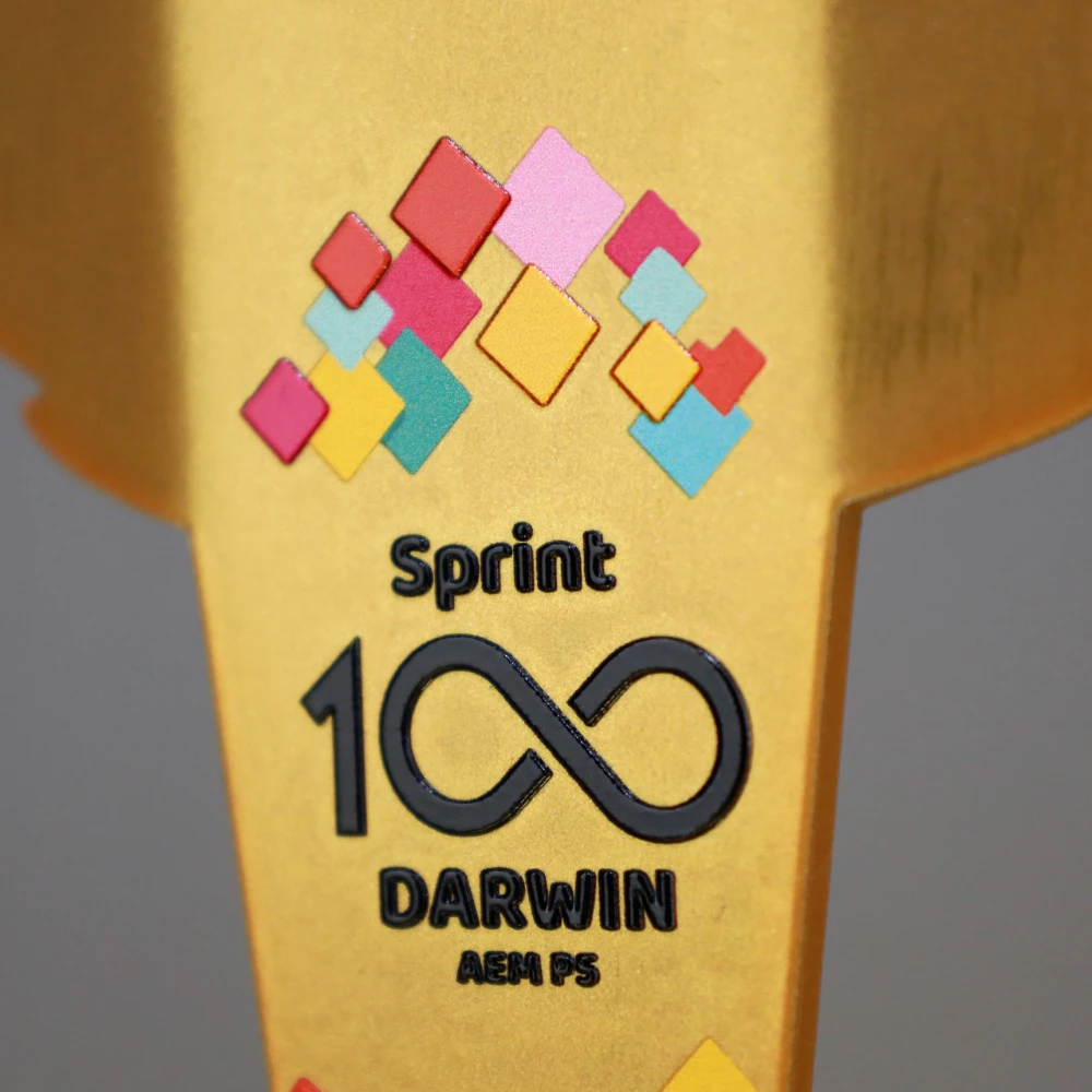 Statuetka Sprint 100 Darwin została wycięta z metalu i umieszczona na drewnianej podstawie - detal 1