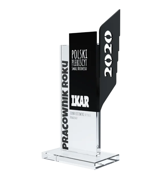 Statuetka IKAR Polski Plebiscyt Small Biznesu została wykonana ze szkła i metalu wyciętego w oryginalny sposób - bok
