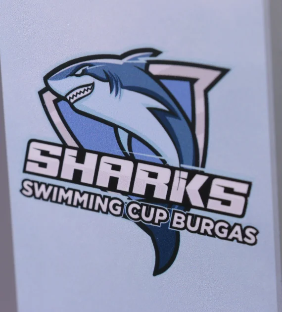 Statuetka Sharks Swimming Cup Burgas to pływacka statuetka o prostokątnym kształcie i filigranowej formie - detal bok
