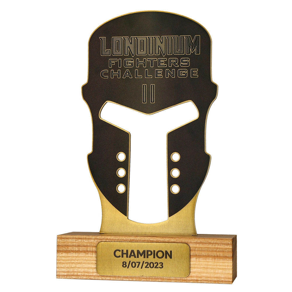 Zachwycający zestaw nagród składający się ze statuetki i medali na Londinium Fighters Challenge_1